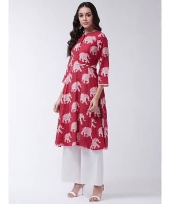 Red Printed Cotton Flared Kurta 3