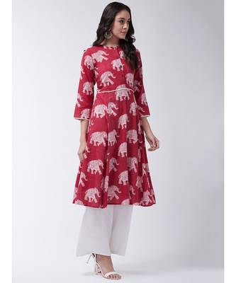 Red Printed Cotton Flared Kurta 4