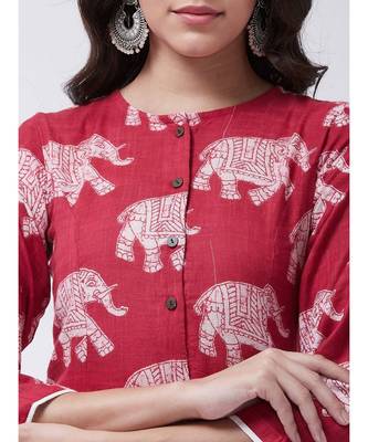 Red Printed Cotton Flared Kurta 5