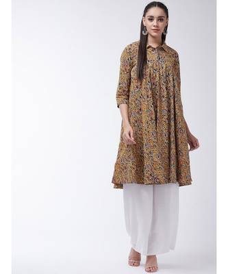 Yellow Printed Cotton Flared Kurta 1