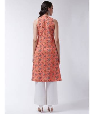 Peach Printed Cotton Flared Kurta 2