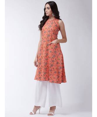Peach Printed Cotton Flared Kurta 3