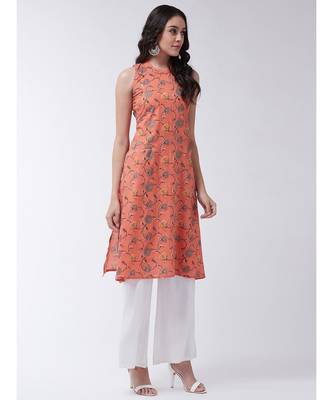 Peach Printed Cotton Flared Kurta 4