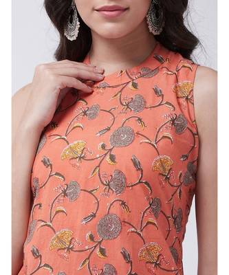 Peach Printed Cotton Flared Kurta 5