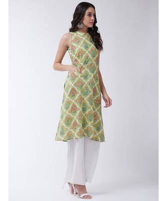 Green Printed Cotton Flared Kurta 4