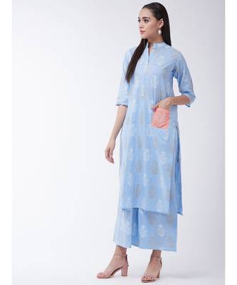 Blue Printed Cotton Flared Kurta 3