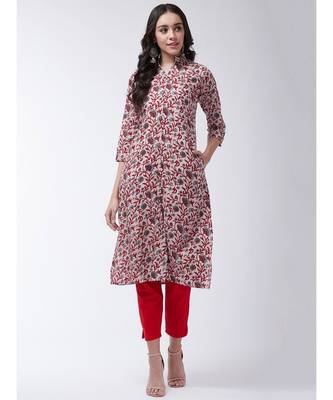 Cream Printed Cotton Flared Kurta 1