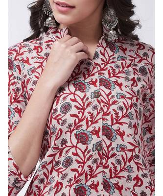 Cream Printed Cotton Flared Kurta 5