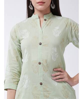 Green Printed Cotton Flared Kurta 5