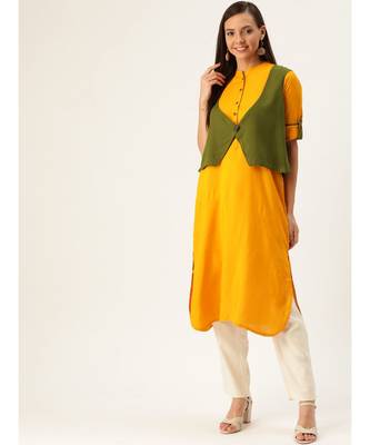 Olive Printed Viscose Flared Kurta 1