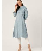 Blue Printed Cotton Flared Kurta
