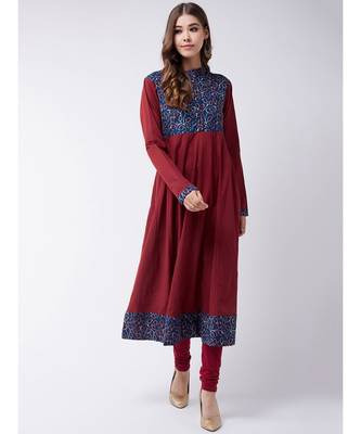 Maroon Printed Cotton Flared Kurta 1