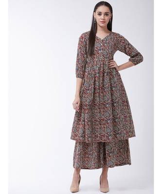 Maroon Printed Cotton Flared Kurti Set 1
