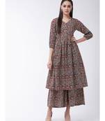 Maroon Printed Cotton Flared Kurti Set