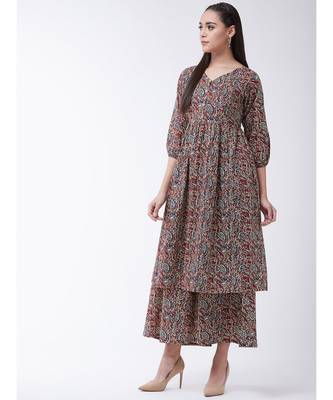 Maroon Printed Cotton Flared Kurti Set 4