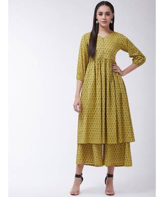 Yellow Printed Cotton Flared Kurti Set 1