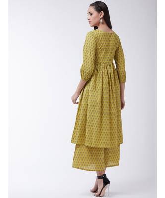 Yellow Printed Cotton Flared Kurti Set 2