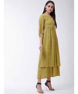 Yellow Printed Cotton Flared Kurti Set 3
