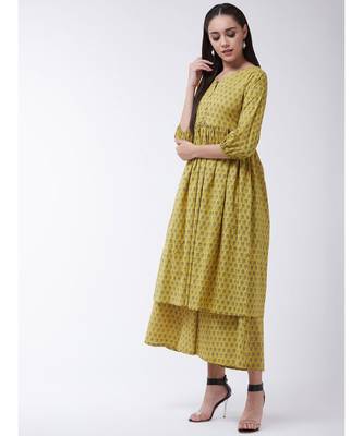 Yellow Printed Cotton Flared Kurti Set 4