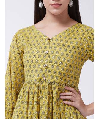 Yellow Printed Cotton Flared Kurti Set 5
