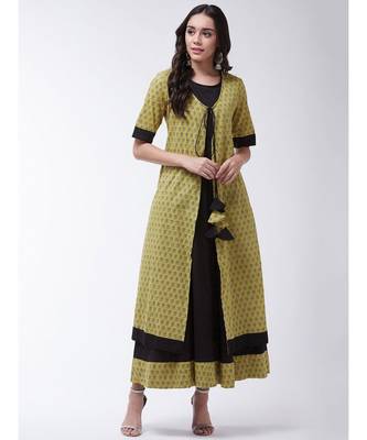 Black Printed Cotton Anarkali Kurti Set 1