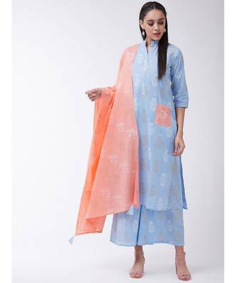 Blue Printed Cotton Straight Kurti Set 1