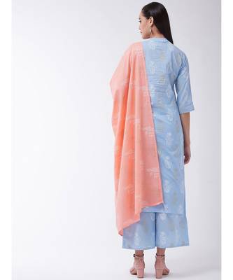 Blue Printed Cotton Straight Kurti Set 2