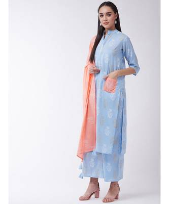 Blue Printed Cotton Straight Kurti Set 3
