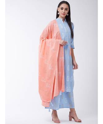 Blue Printed Cotton Straight Kurti Set 4