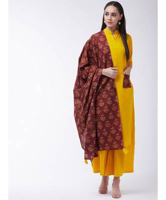 Yellow Printed Cotton Straight Kurti Set 1