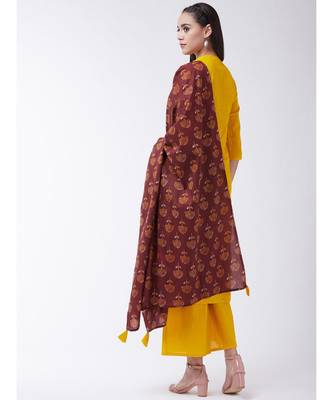Yellow Printed Cotton Straight Kurti Set 2