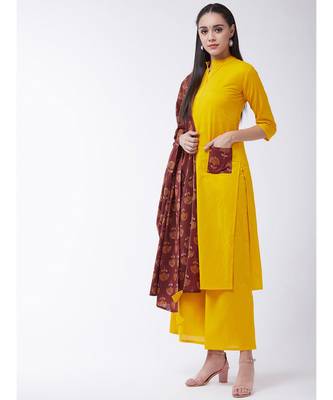 Yellow Printed Cotton Straight Kurti Set 3