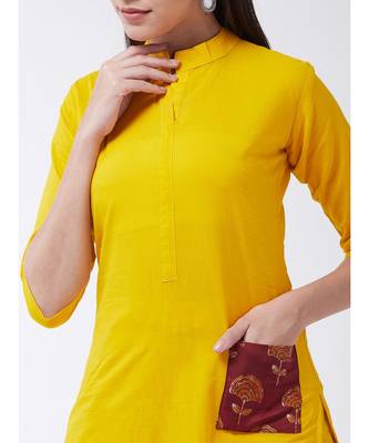 Yellow Printed Cotton Straight Kurti Set 5