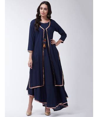 Navy Printed Viscose Flared Kurti Set 1