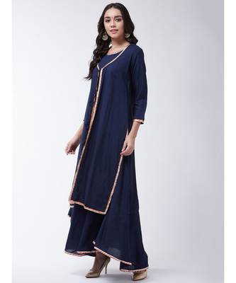 Navy Printed Viscose Flared Kurti Set 3