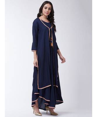 Navy Printed Viscose Flared Kurti Set 4