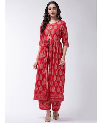 Red Printed Viscose Flared Kurti Set 1