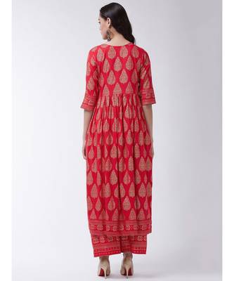 Red Printed Viscose Flared Kurti Set 2