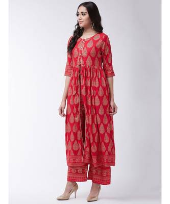 Red Printed Viscose Flared Kurti Set 3