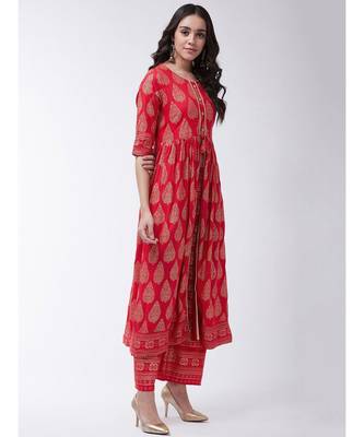 Red Printed Viscose Flared Kurti Set 4