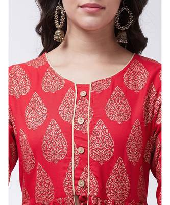Red Printed Viscose Flared Kurti Set 5