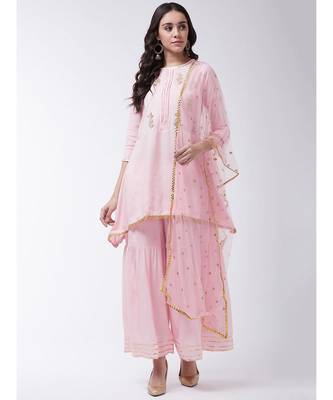 Pink Printed Viscose A-Line Kurti Set 1