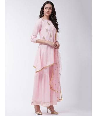 Pink Printed Viscose A-Line Kurti Set 4