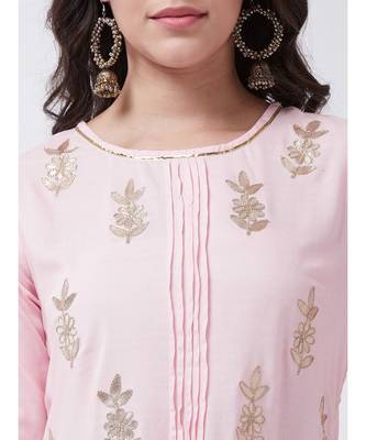 Pink Printed Viscose A-Line Kurti Set 5