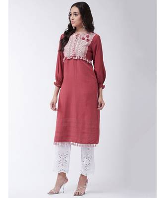 Red Printed Cotton Straight Kurti Set 3