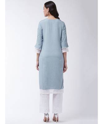Blue Printed Cotton Straight Kurti Set 2
