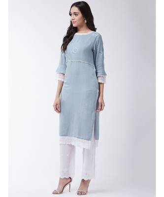 Blue Printed Cotton Straight Kurti Set 3