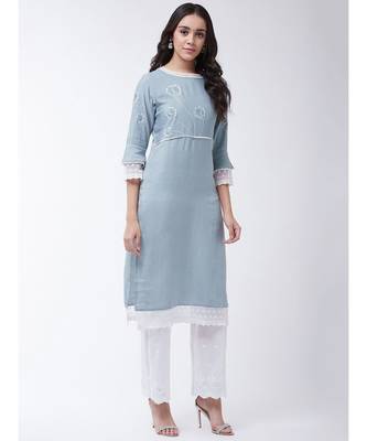 Blue Printed Cotton Straight Kurti Set 4