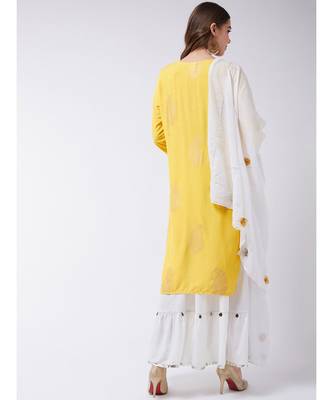 Yellow Printed Cotton A-Line Kurti Set 2