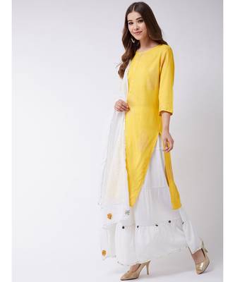 Yellow Printed Cotton A-Line Kurti Set 3